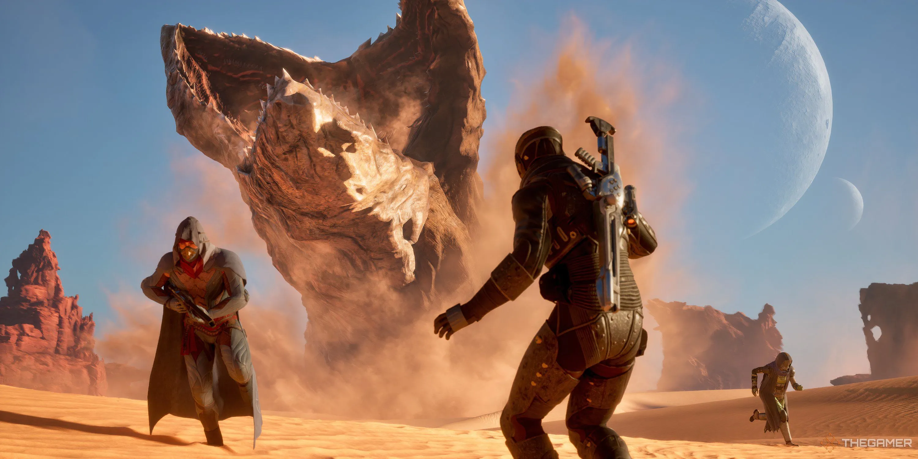 Các game thủ bị Sandworm tấn công bất ngờ tại Deep Desert trong Dune: Awakening, minh họa cảnh giải cứu mỏ gia vị kịch tính.