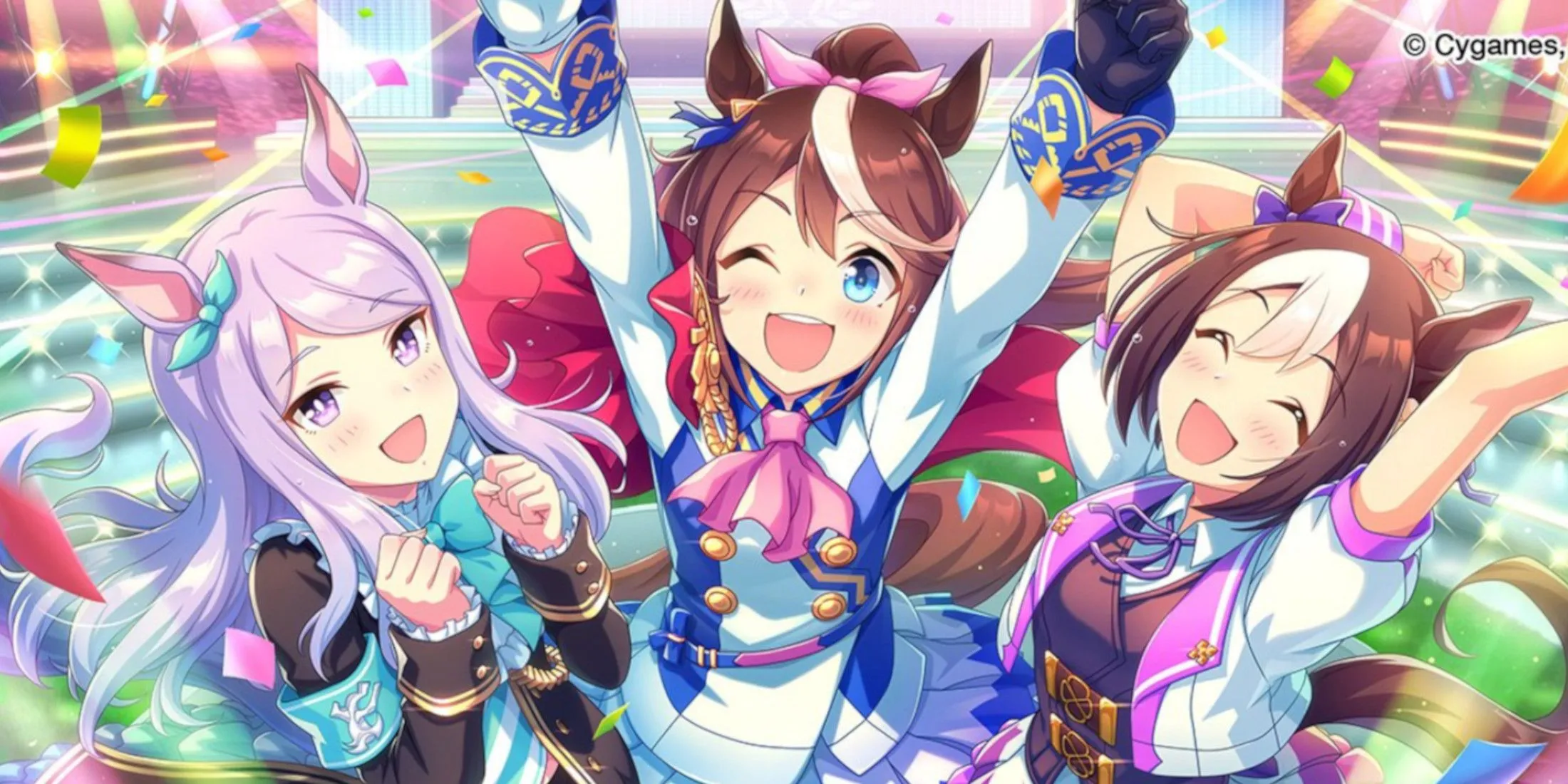 Các Horse Girl Umamusume vui vẻ cổ vũ, thể hiện tinh thần đoàn kết và sức sống mãnh liệt của tuổi trẻ trên đường đua.