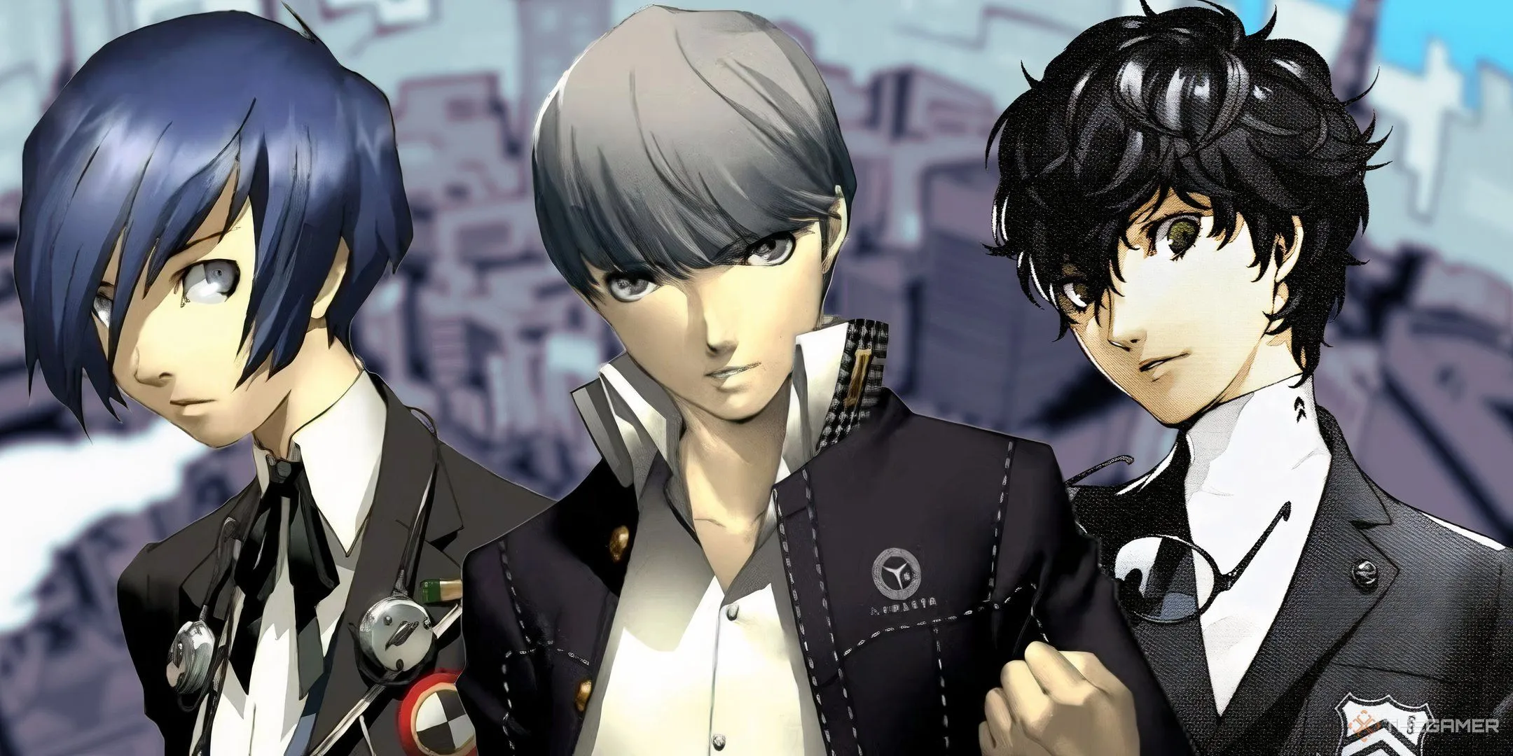 Các nhân vật chính của Persona 3, Persona 4 và Persona 5 nổi bật trên nền lịch game mờ ảo, biểu tượng của dòng game JRPG nổi tiếng.