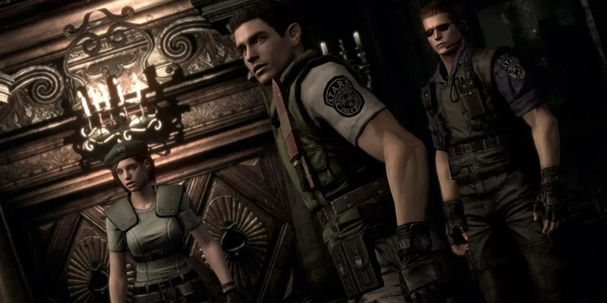 Các nhân vật Jill, Chris và Albert bước vào biệt thự bí ẩn trong tựa game kinh dị sinh tồn Resident Evil.