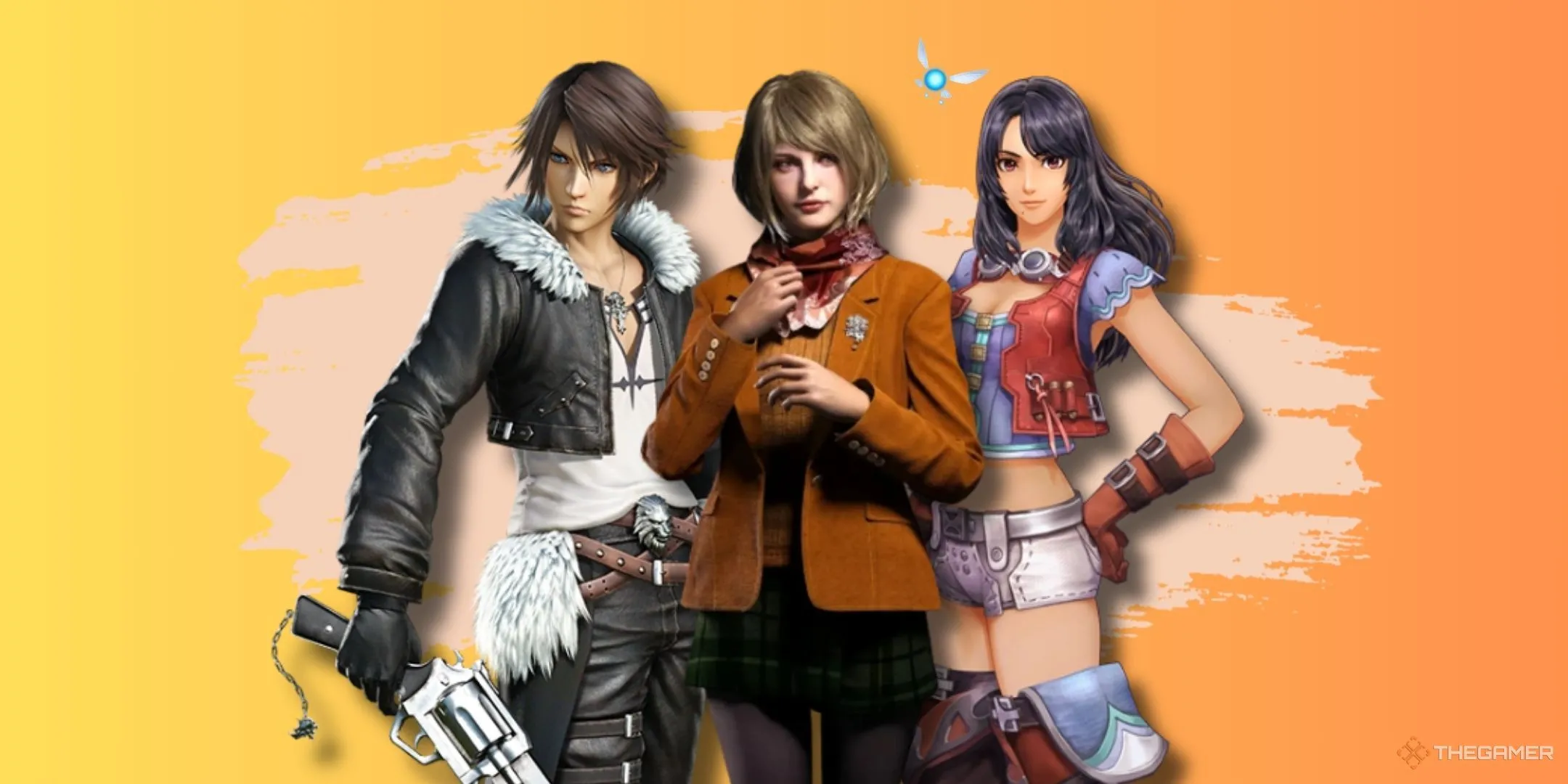 Các nhân vật nổi bật như Squall (FF8), Ashley (RE4 Remake), Sharla (Xenoblade) và Navi (Zelda Ocarina of Time) trên nền cam, đại diện cho những cái tên quen thuộc trong thế giới game.