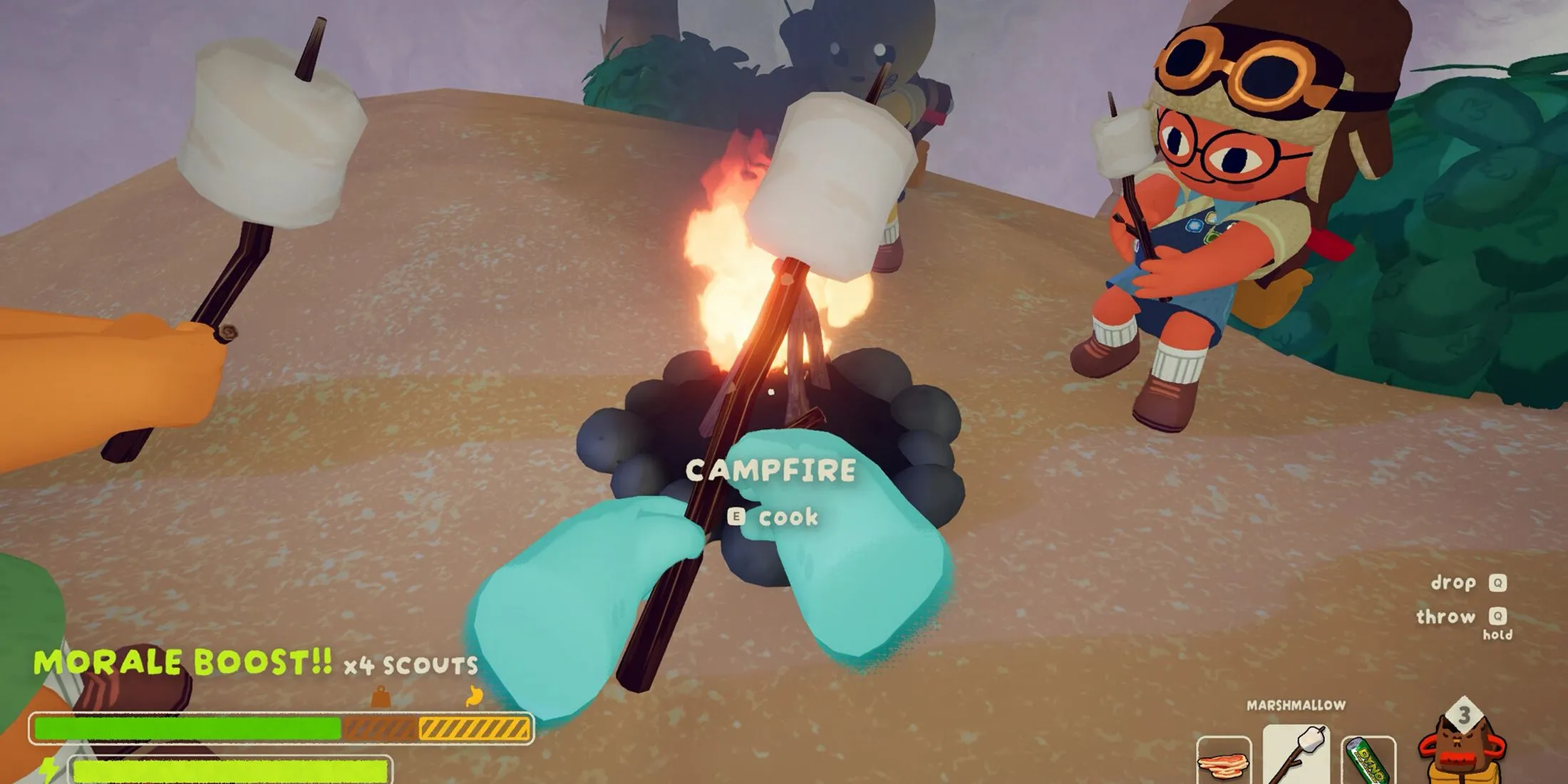 Cảnh nhóm người chơi đang ngồi quanh lửa trại trong game Peak, thể hiện yếu tố hợp tác và thư giãn.