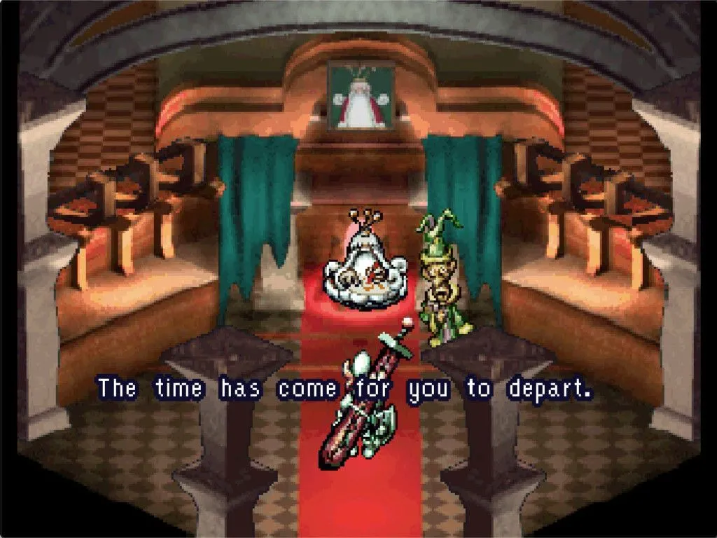 Cảnh trong Moon: Remix RPG Adventure với nhân vật đứng trước một lâu đài lớn có bầu trời đêm đầy sao.
