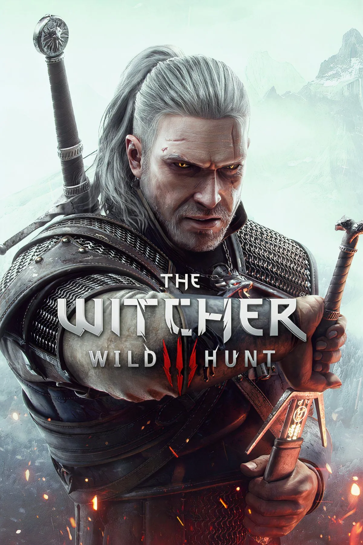 Geralt of Rivia chiến đấu trong The Witcher 3: Wild Hunt, đại diện cho thế giới giả tưởng đen tối với những lựa chọn đạo đức khó khăn.