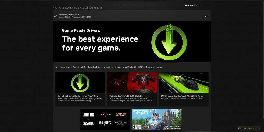 Giao diện cập nhật driver NVIDIA GeForce Experience, thể hiện tầm quan trọng của việc quản lý driver cho PC gaming