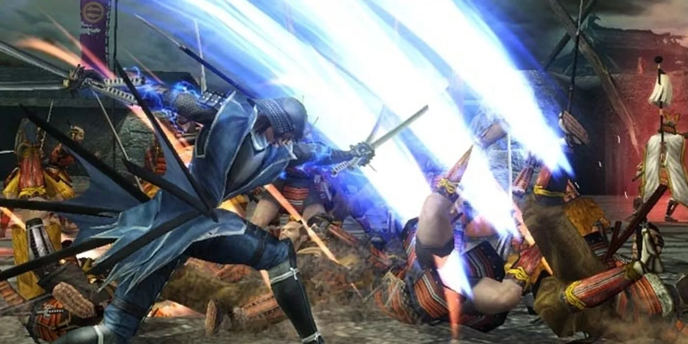 Hai chiến binh đang giao tranh dữ dội, một người vung kiếm chém đối thủ trong tựa game hành động Sengoku BASARA 4.