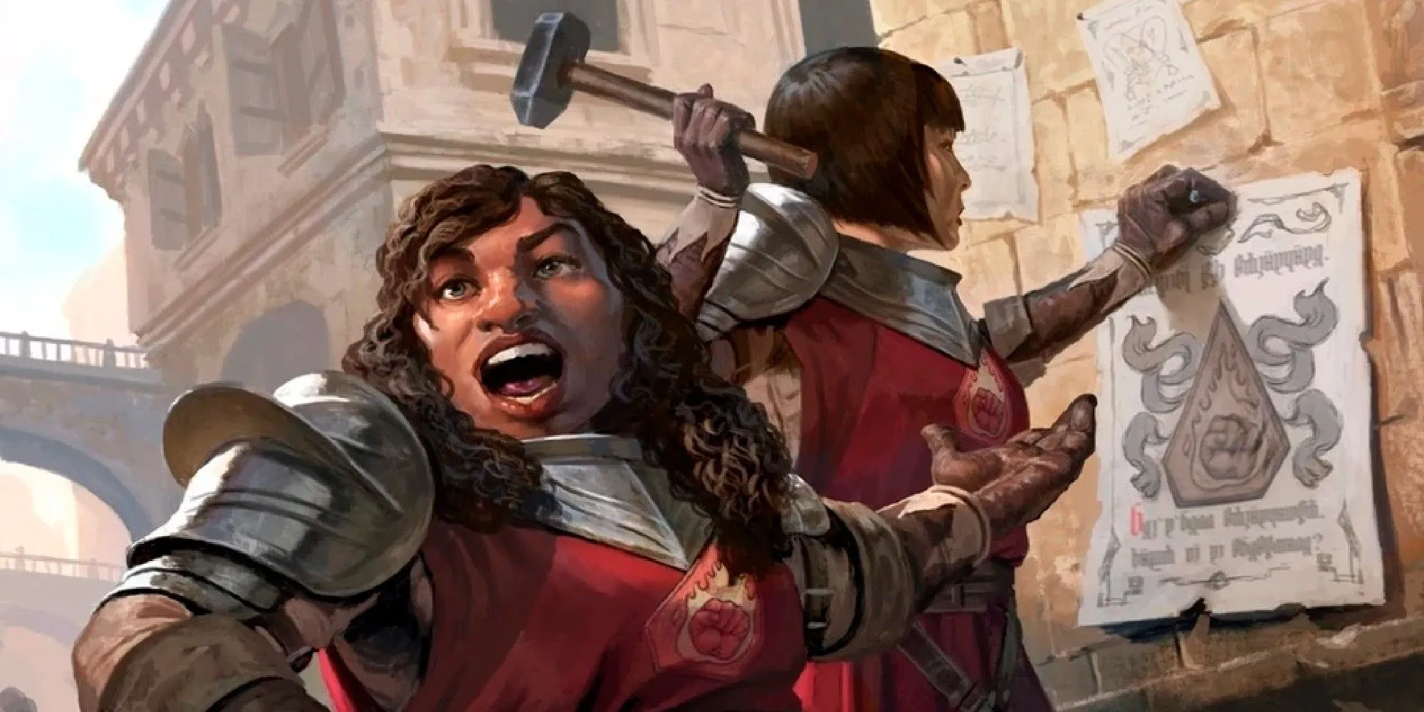Hai thành viên Flaming Fist dán áp phích tuyển quân trong Dungeons &amp; Dragons.