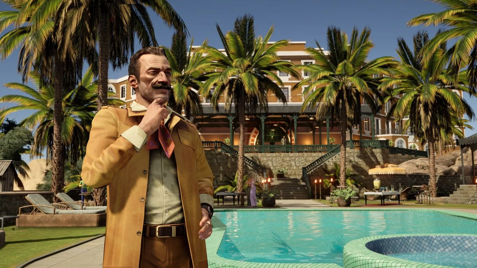 Hercule Poirot đứng gần hồ bơi trong game Agatha Christie Death on the Nile, thể hiện sự trầm tư của thám tử