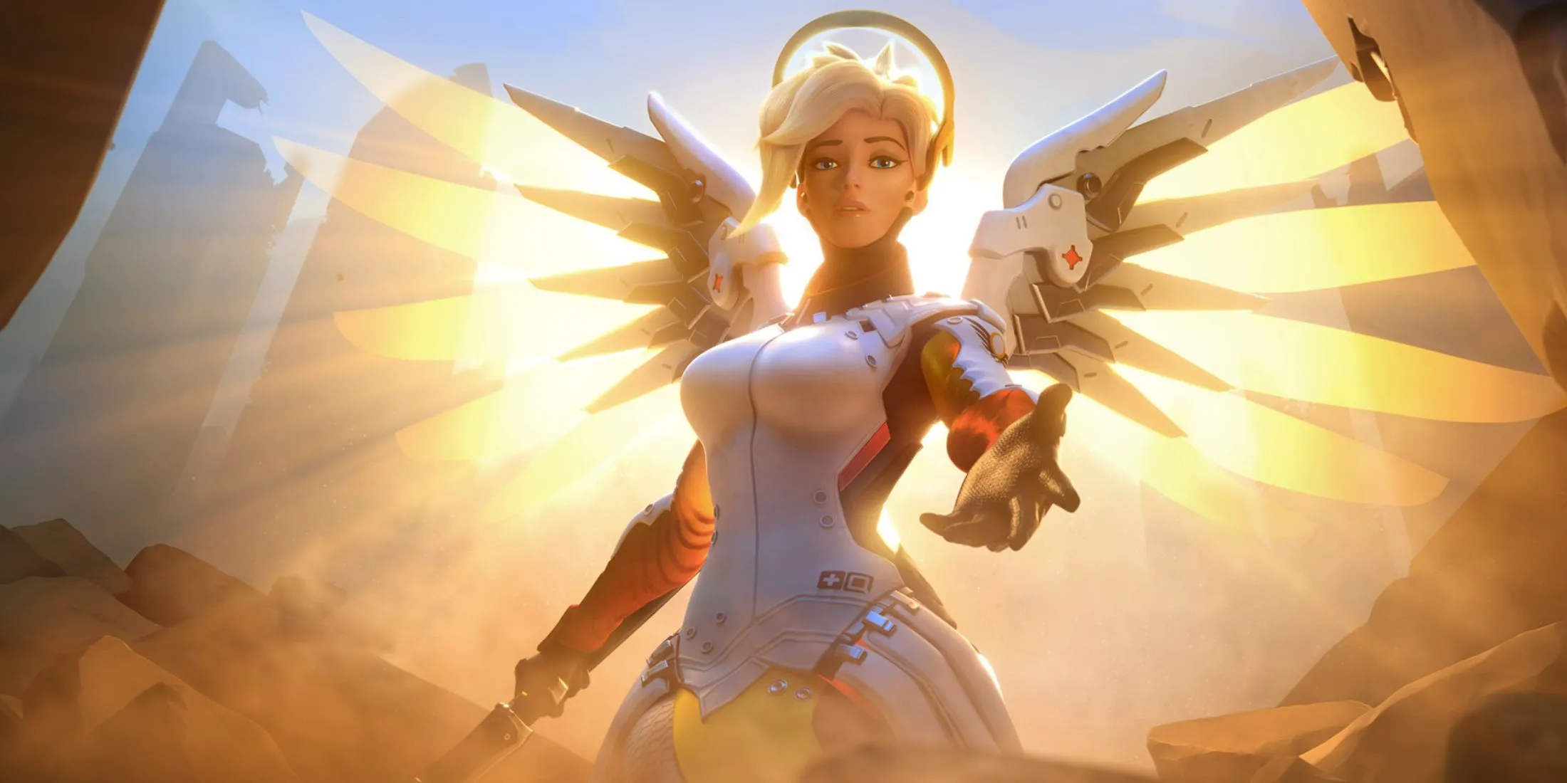 Hình ảnh cận cảnh nữ anh hùng Mercy với bộ cánh Valkyrie đặc trưng trong Overwatch 2, biểu tượng của vai trò Hỗ Trợ quan trọng