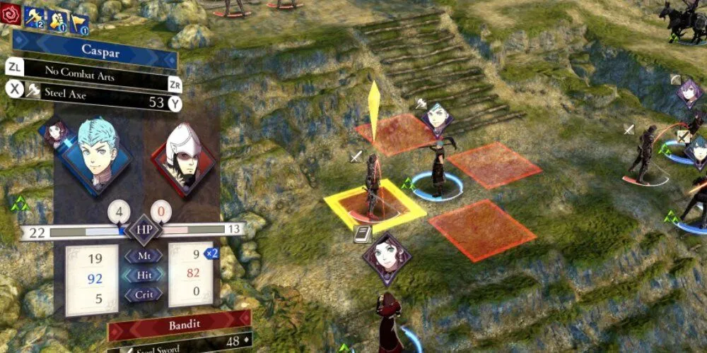 Hình ảnh gameplay của Caspar tấn công kẻ địch trong Fire Emblem: Three Houses, minh họa lối chơi chiến thuật theo lượt.