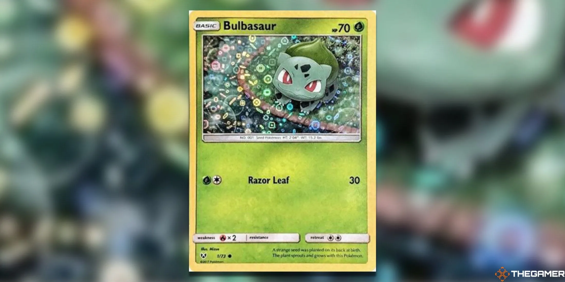 Hình ảnh lá bài Pokemon TCG Bulbasaur 1/73 General Mills, nổi bật với hiệu ứng holographic lấp lánh và các chi tiết bong bóng độc đáo.