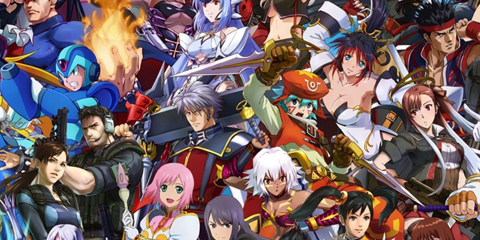 Hình ảnh quảng cáo của Project X Zone với sự góp mặt của nhiều nhân vật biểu tượng từ các thương hiệu game nổi tiếng