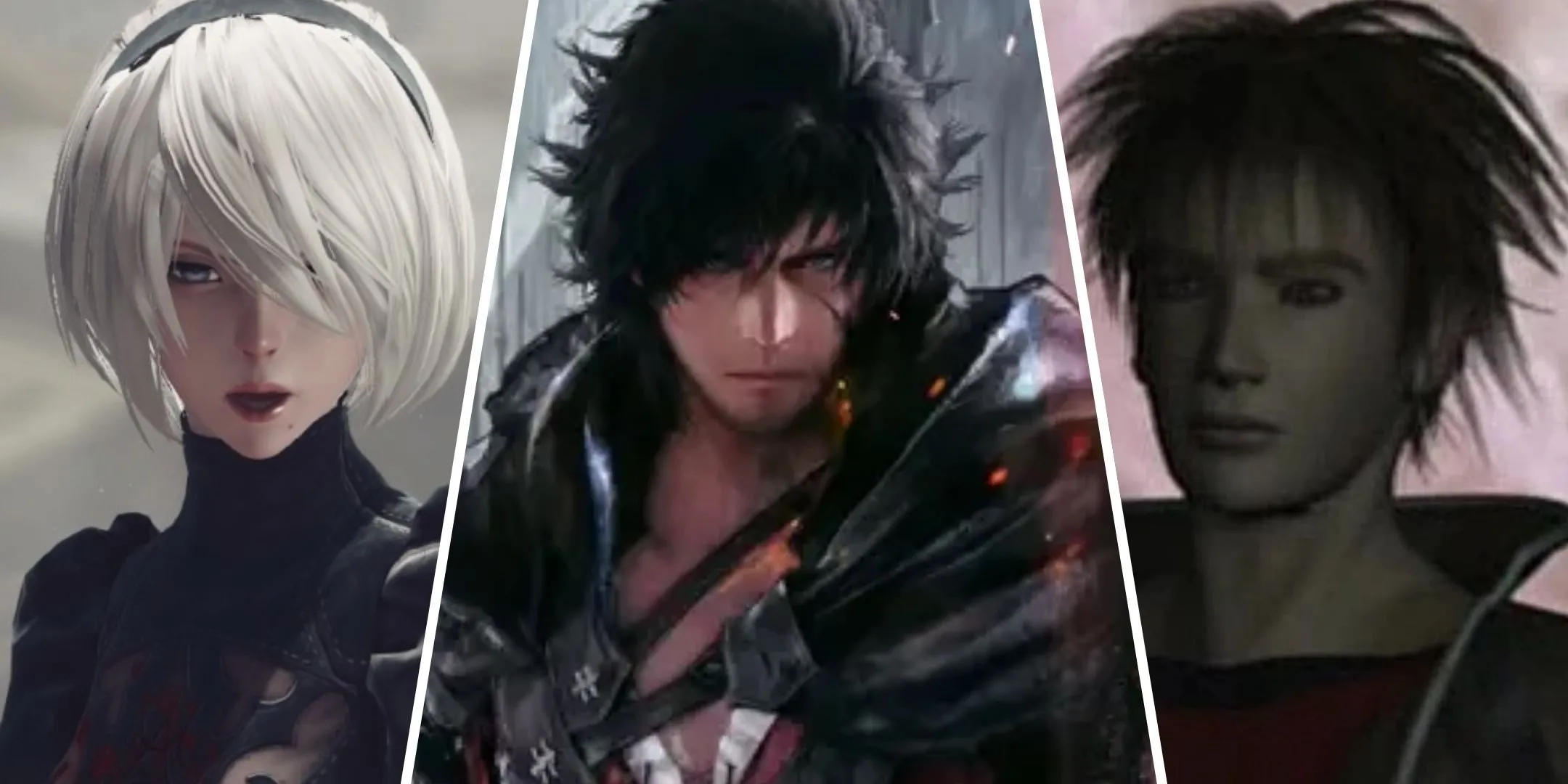 Hình ảnh so sánh 2B từ NieR Automata, Clive từ Final Fantasy 16 và Yuri Hyuuga từ Shadow Hearts Covenant, đại diện cho các JRPG không theo phong cách anime truyền thống.