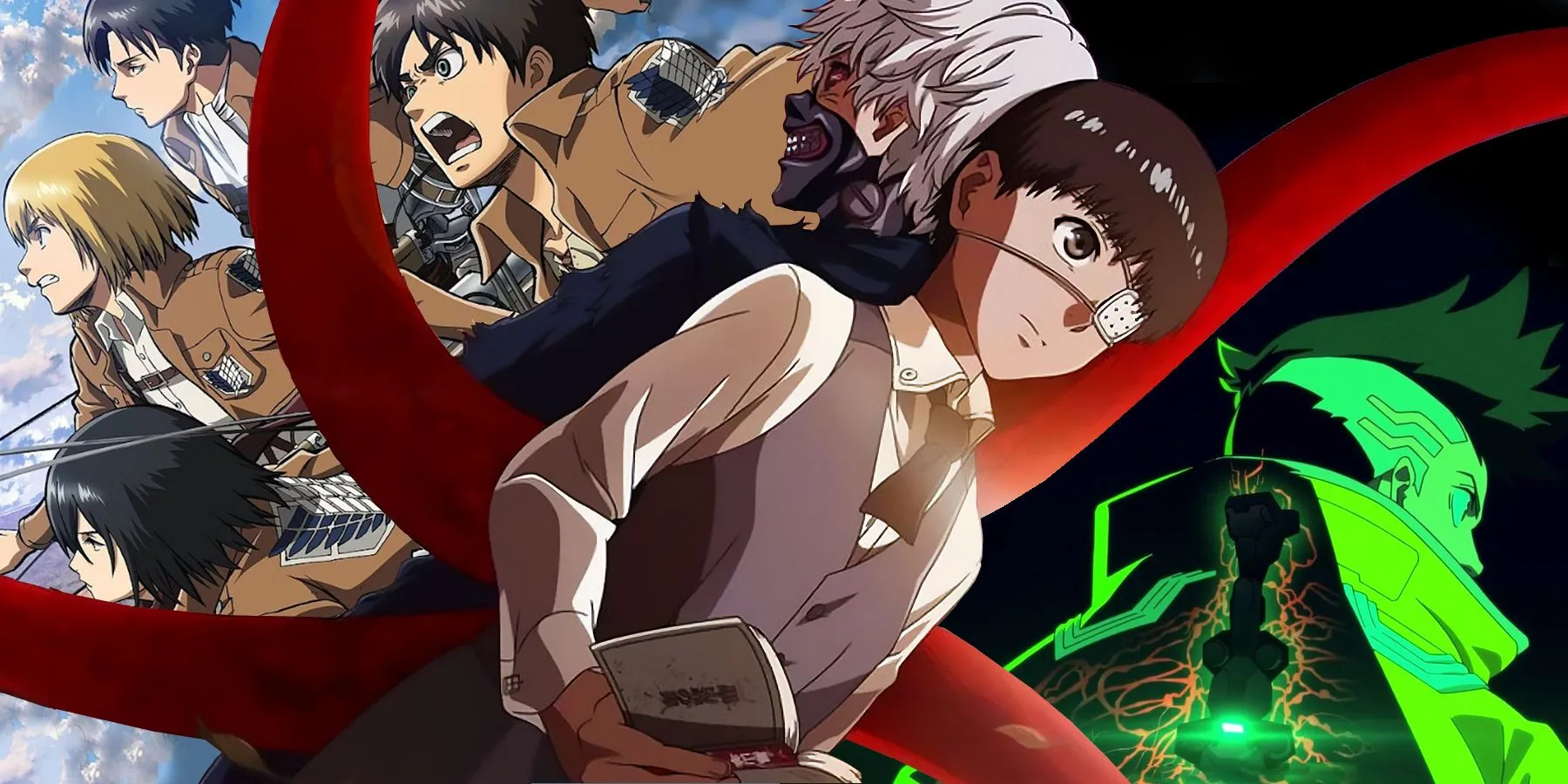 Hình ảnh tổng hợp các anime hành động đỉnh cao như Cyberpunk Edgerunners, Tokyo Ghoul và Attack on Titan, minh họa sức hút ban đầu của thể loại.