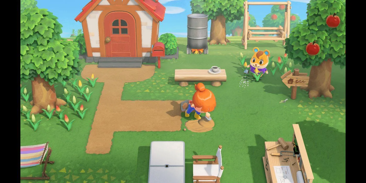 Hoạt động làm vườn trong Animal Crossing: New Horizons, một trong nhiều cách để người chơi thể hiện sự sáng tạo và quản lý hòn đảo.
