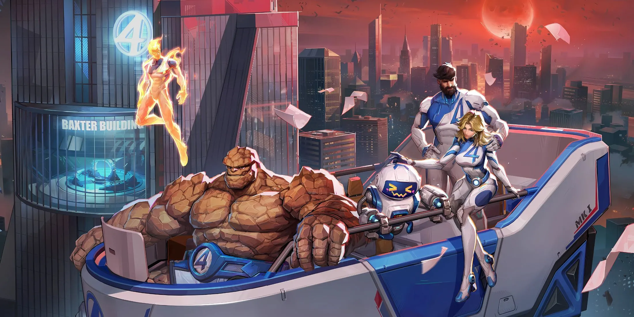 Human Torch và The Thing hợp tác trong kỹ năng First Steps, bay lượn trên bầu trời trong Marvel Rivals, thể hiện sự linh hoạt và chiến thuật mới cho người chơi.