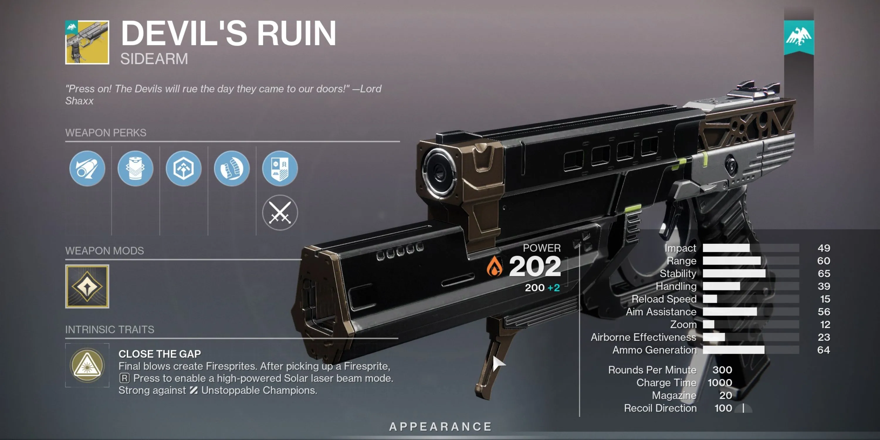 Khẩu súng lục Exotic Devil's Ruin Sidearm trong Destiny 2 với thông số kỹ thuật ấn tượng