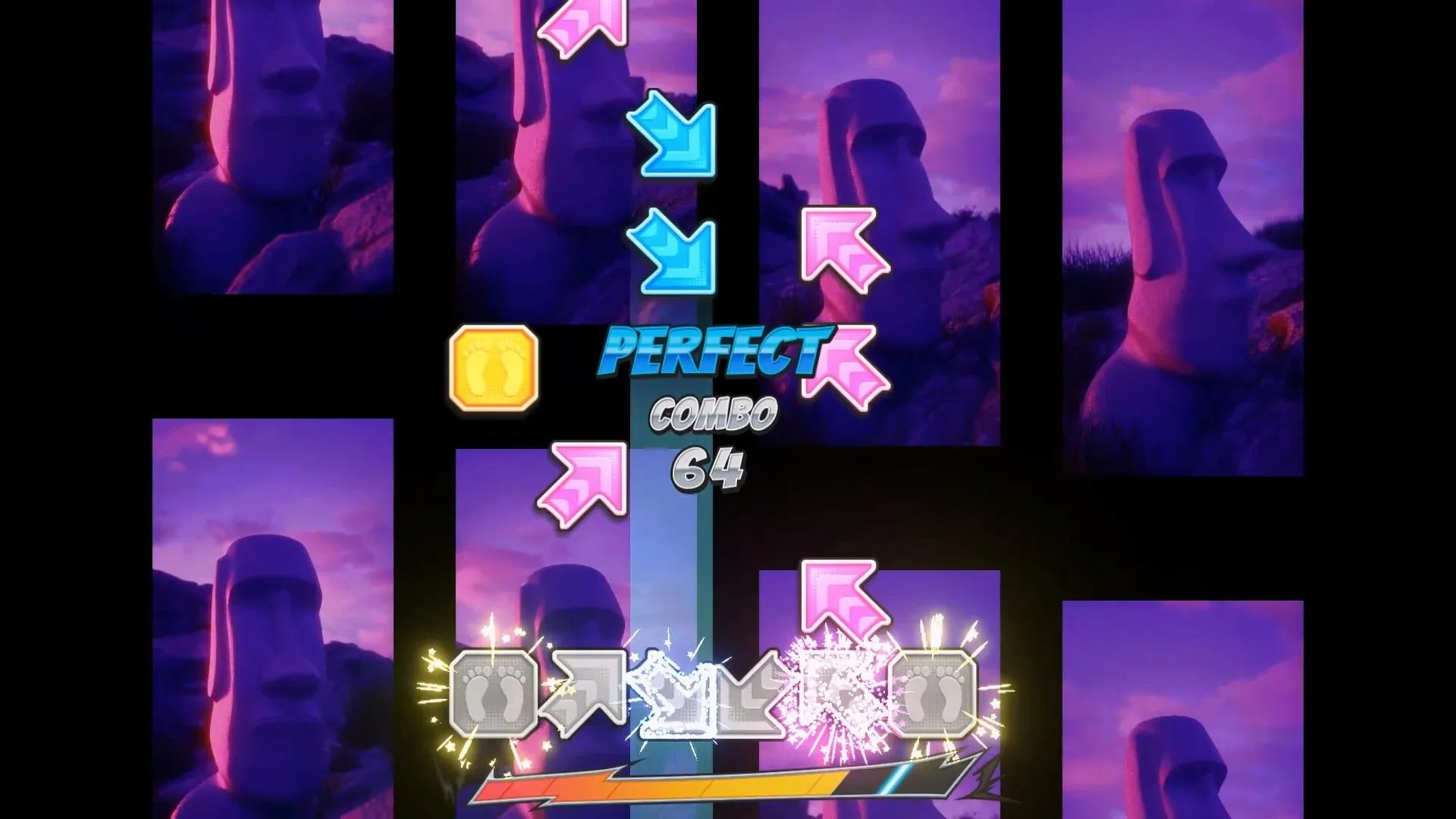 Khoảnh khắc gameplay sôi động của Pump It Up Rise, với các nốt nhạc đặc trưng di chuyển trên màn hình.