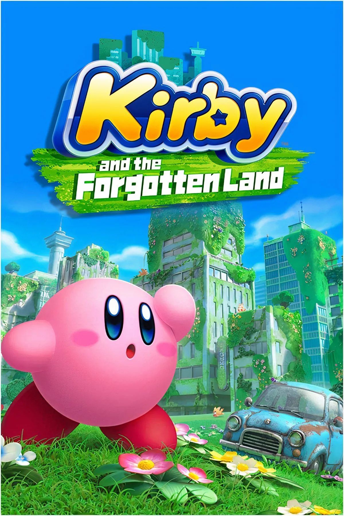 Kirby đứng trên một ngọn núi đá trong thế giới 3D của Kirby and the Forgotten Land, thể hiện sự dễ thương và phiêu lưu của game platformer.