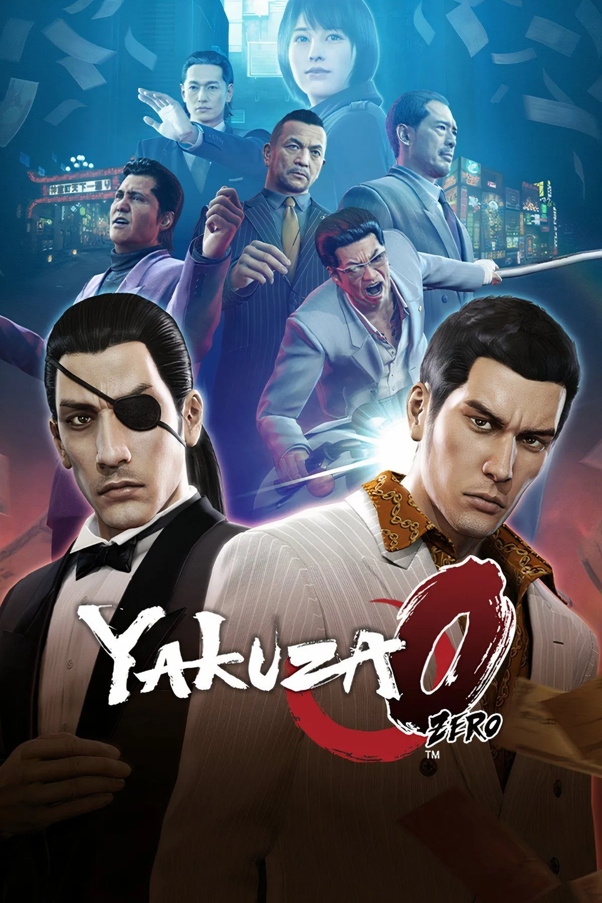 Kiryu và Majima trên bìa Yakuza 0, tượng trưng cho câu chuyện phức tạp về danh dự và tội ác trong thế giới ngầm Nhật Bản.