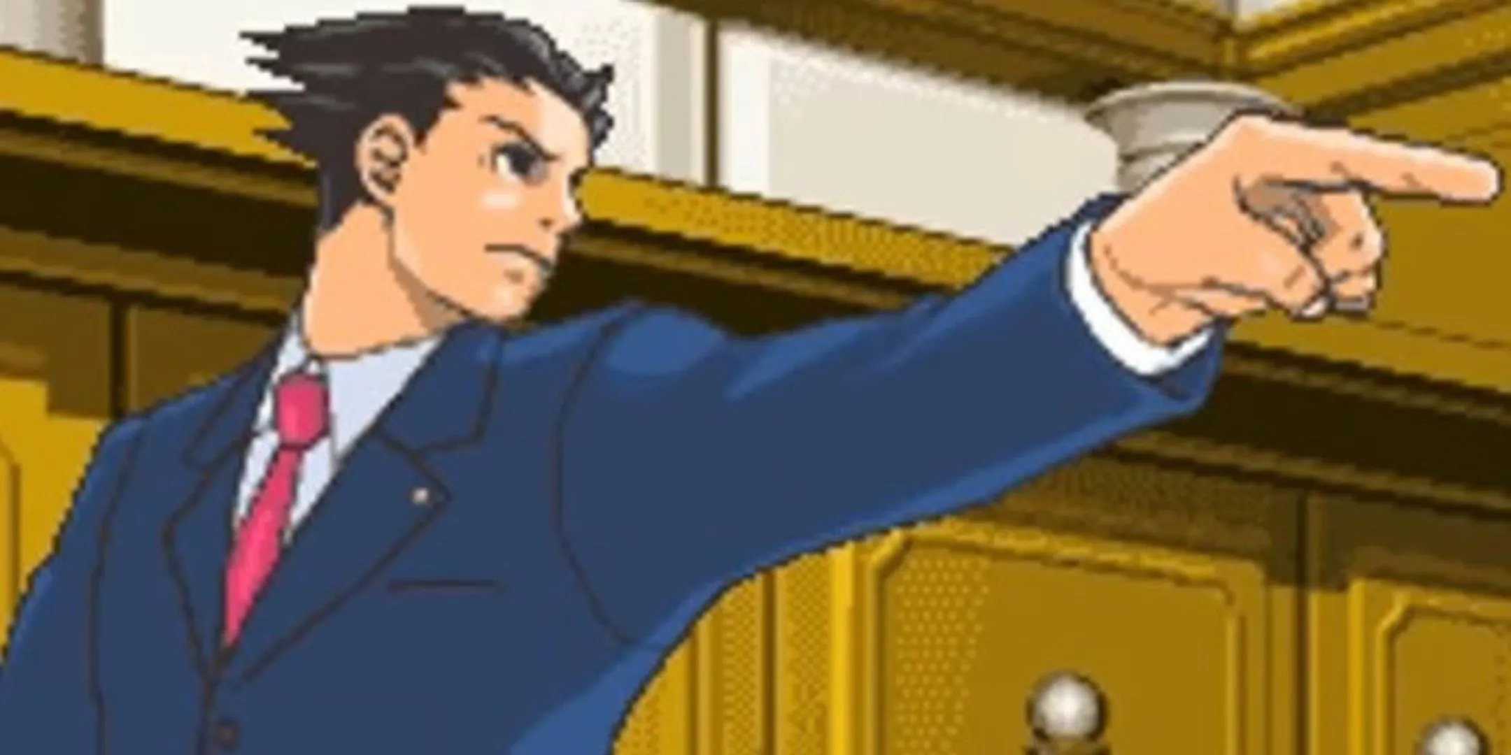 Luật sư Phoenix Wright chỉ tay quyết đoán về phía bên phải trên màn hình game Ace Attorney phiên bản DS.