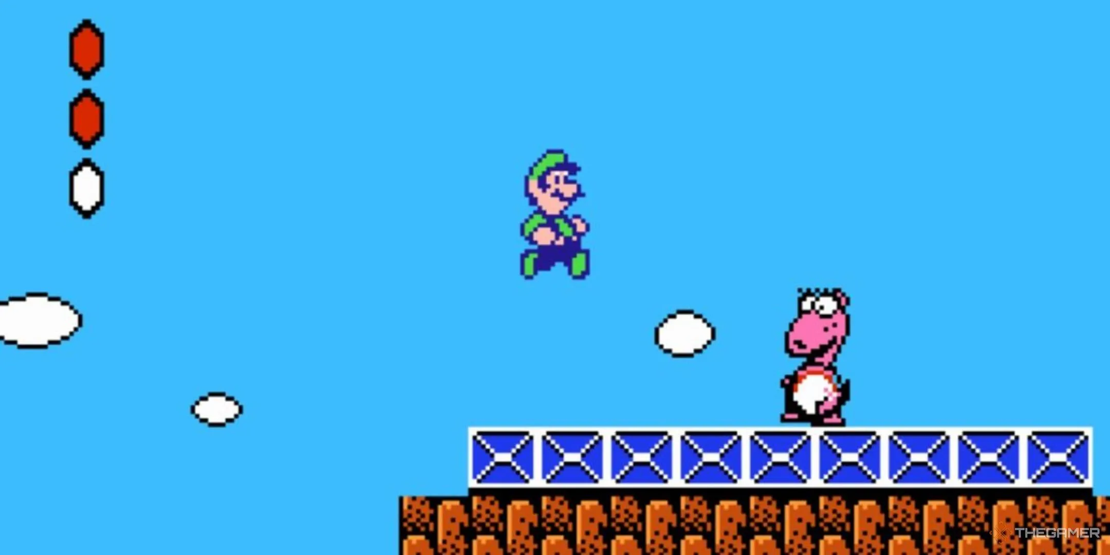 Luigi nhảy qua Birdette trong game Super Mario Bros 2, nơi nhiều nhân vật kinh điển ra đời.