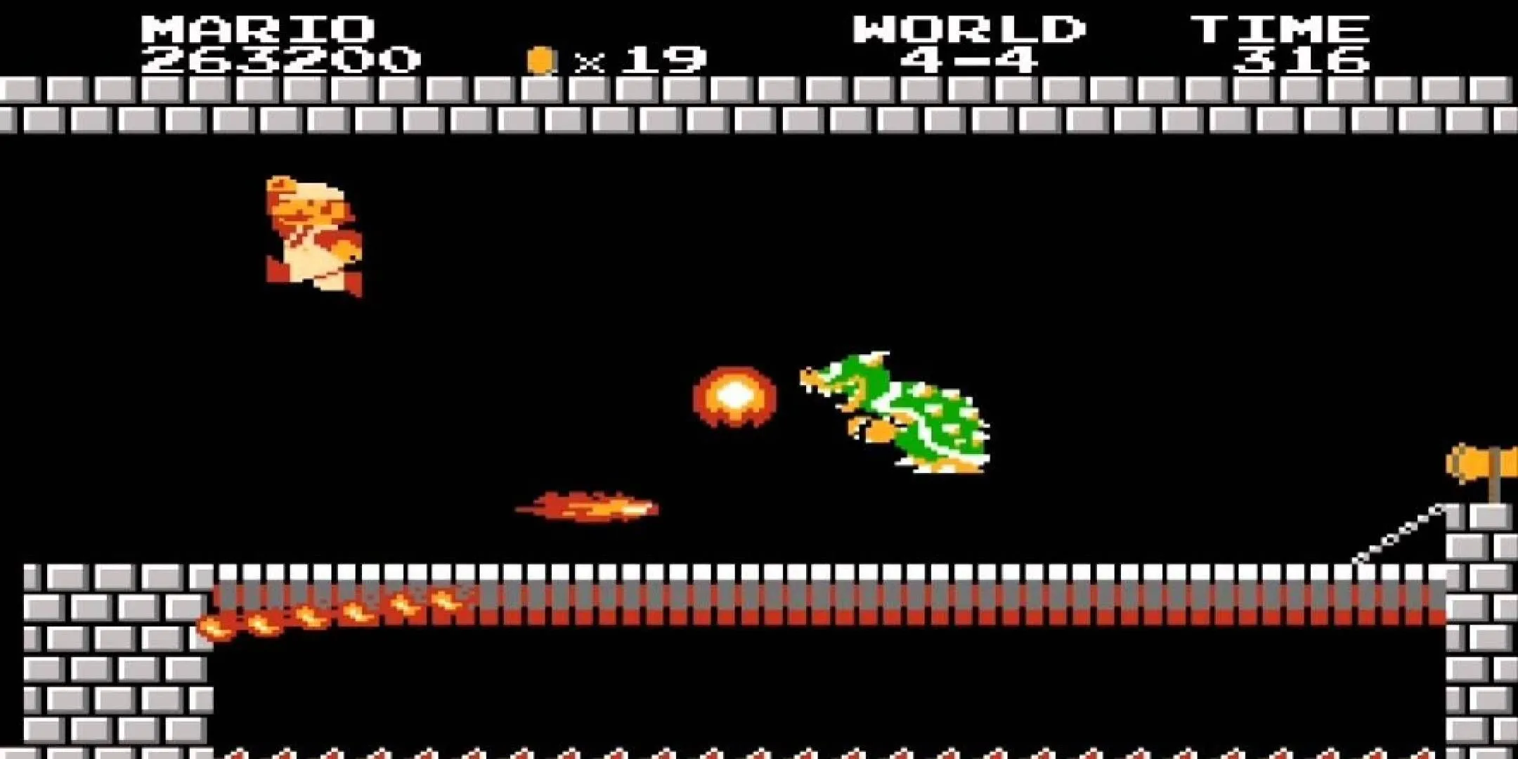 Mario đối đầu Bowser trong game Super Mario Bros. gốc trên NES, một biểu tượng của Nintendo.