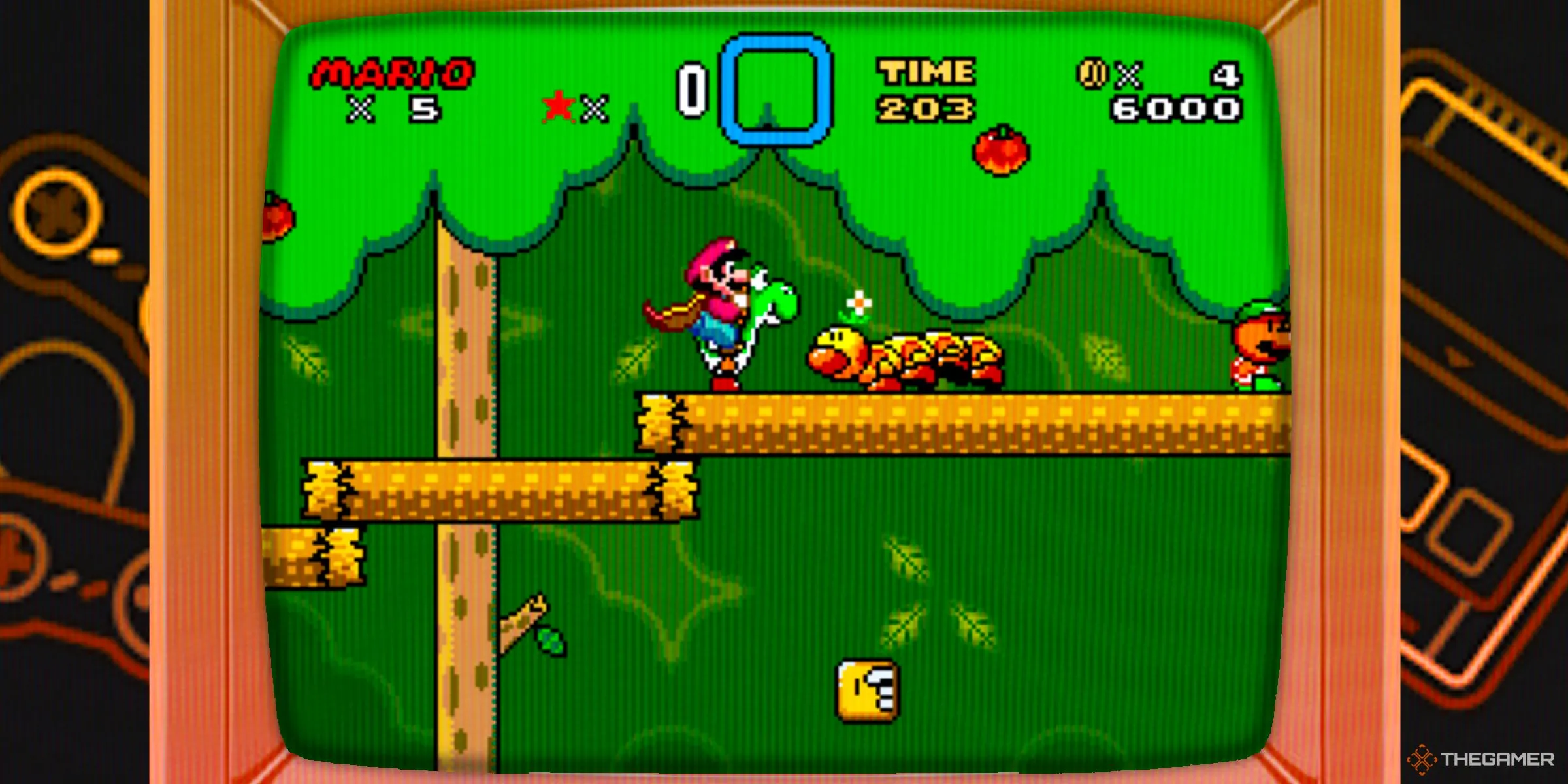 Mario dùng Cape Feather cưỡi Yoshi trong một màn chơi rừng rậm của Super Mario World trên TV CRT.