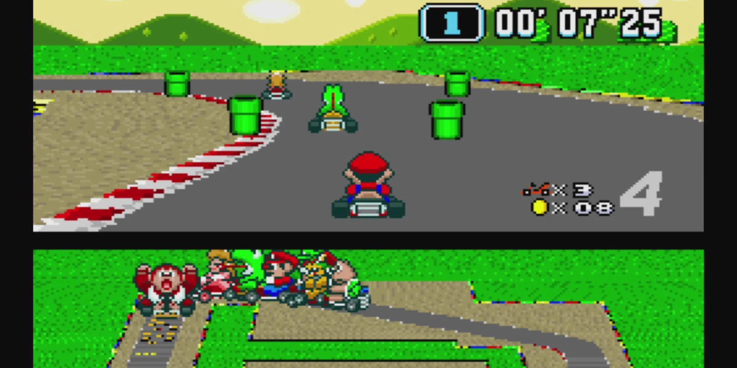 Mario, Yoshi và Peach đua trên Mario Circuit trong Super Mario Kart, tựa game đặt nền móng cho series đua xe huyền thoại.