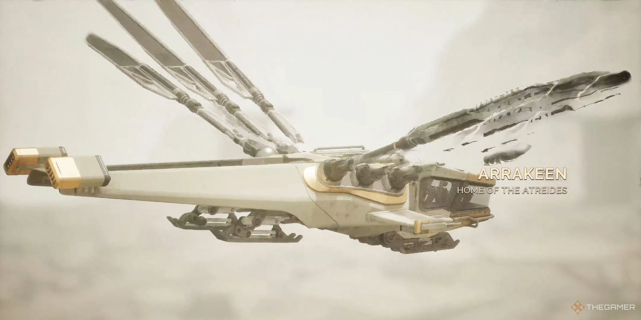 Một chiếc Ornithopter bay về Arrakeen trong Dune: Awakening, liên tưởng đến nhiệm vụ ẩn nấp Hunter Seeker.