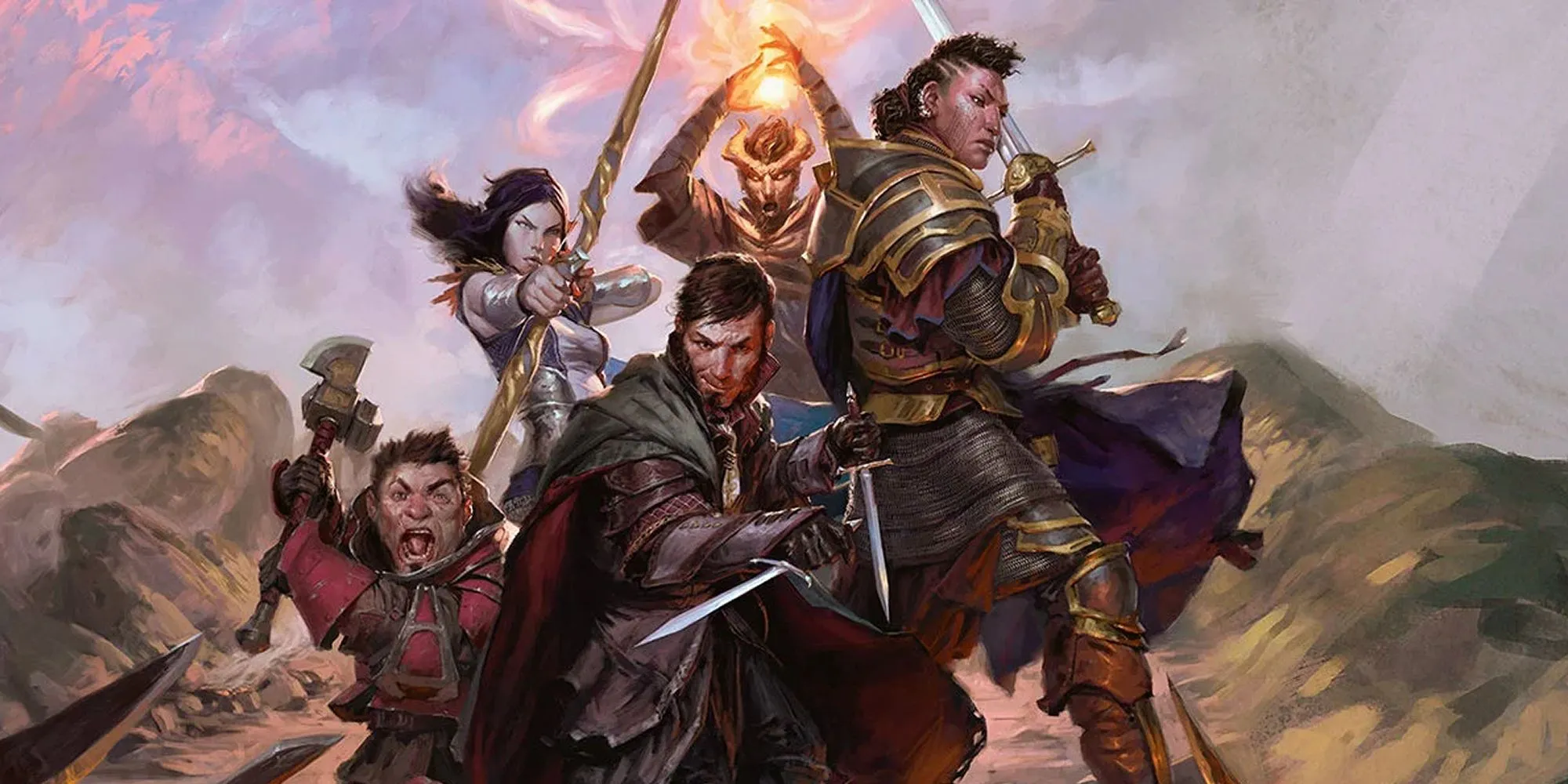 Một nhóm nhà thám hiểm Dungeons &amp; Dragons đứng trên vách đá sẵn sàng chiến đấu. 