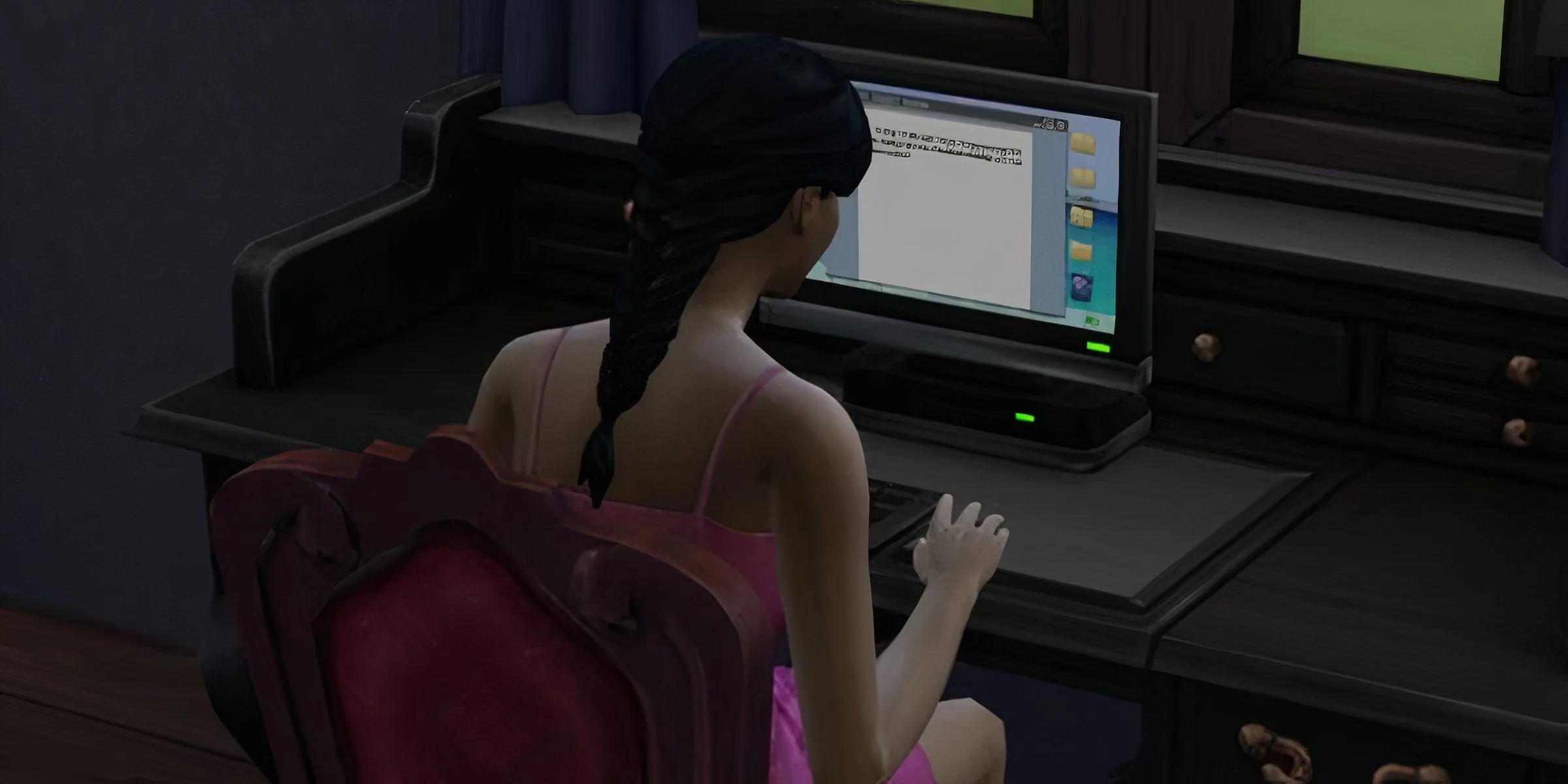 Một Sim đang gõ máy tính trong The Sims 4, thể hiện sự bế tắc khi gặp lỗi PC gaming không rõ nguyên nhân