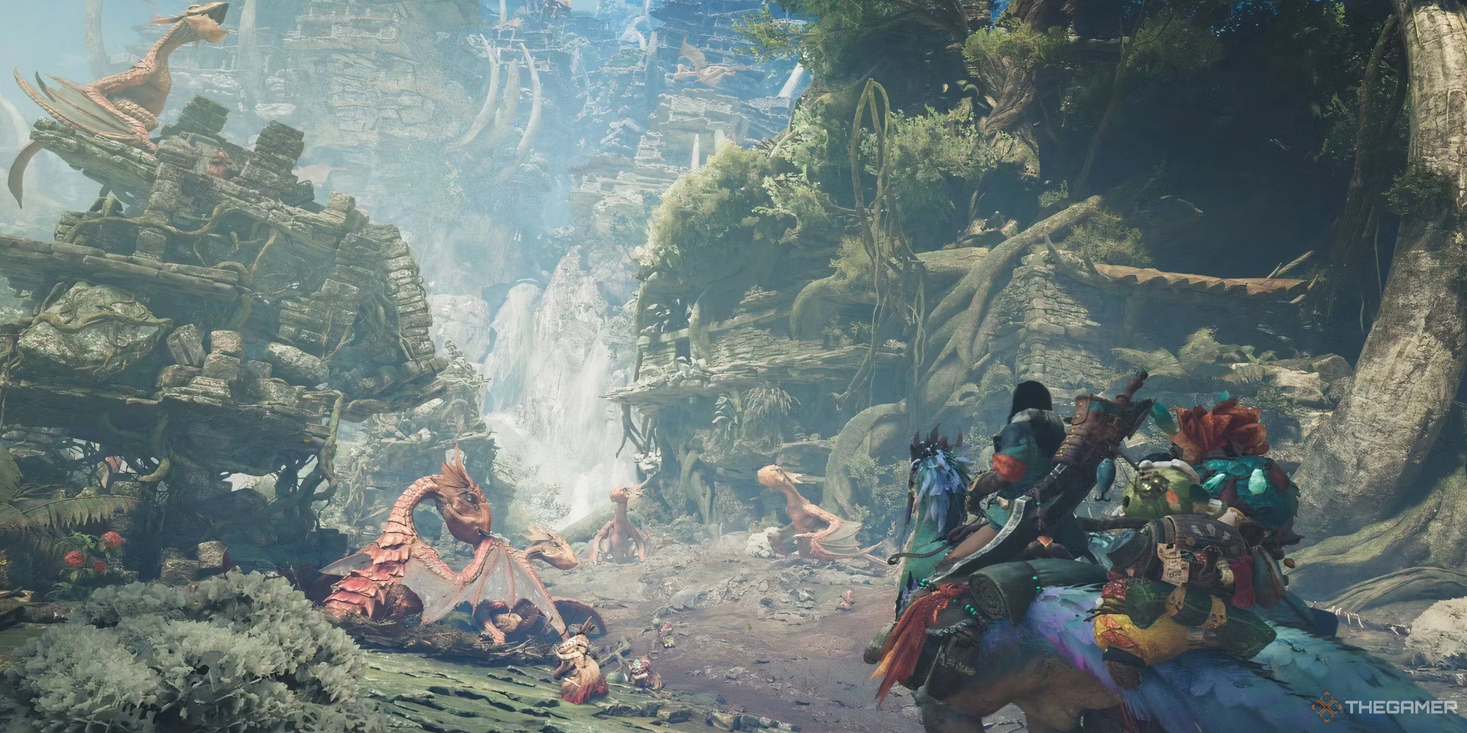 Người chơi đang khám phá một khu rừng rậm rạp trong tựa game săn quái vật Monster Hunter Wilds.
