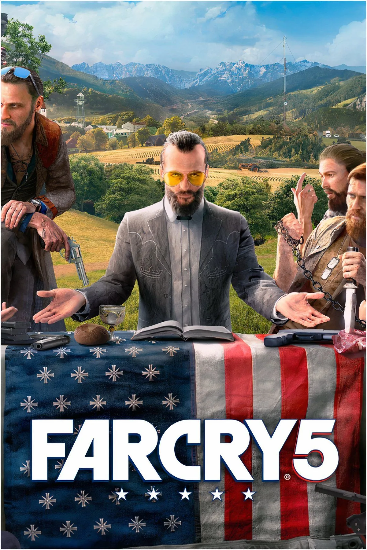 Nhân vật chính trong Far Cry 5 đối đầu với giáo phái Eden's Gate, thể hiện sự căng thẳng nhưng có kiểm soát của game.