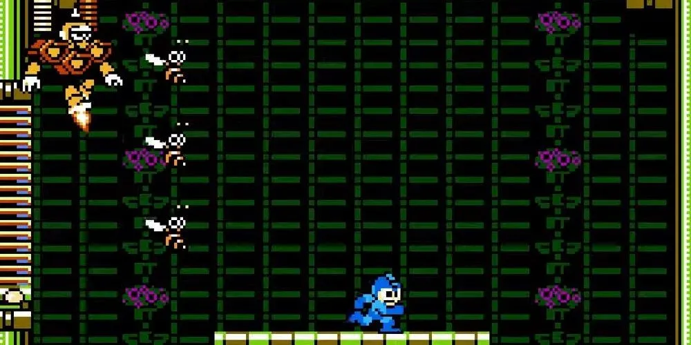 Nhân vật Hornet Man phóng đàn ong vào Mega Man trong một cảnh chiến đấu từ Mega Man 9.