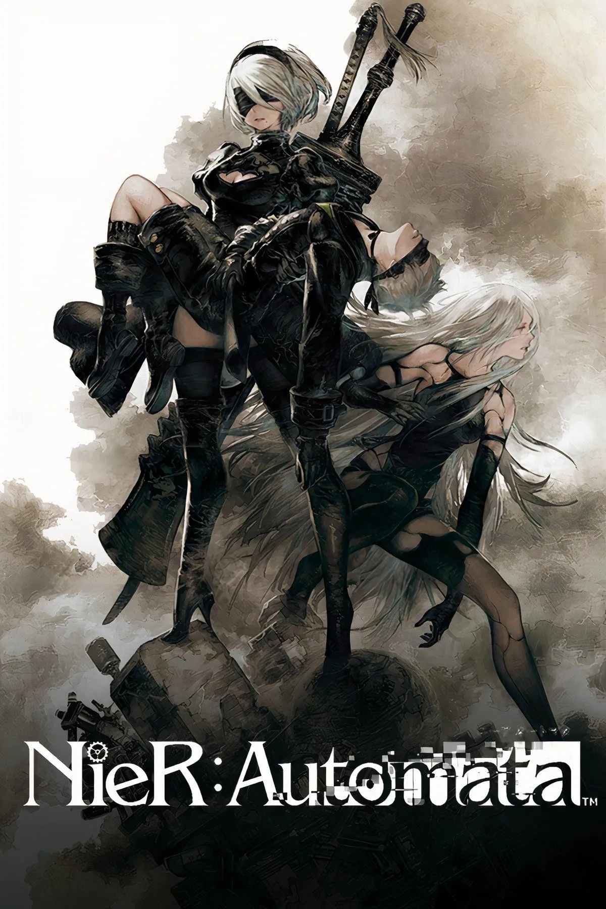 NieR Automata 2B, 9S and A2 with desolate city in background.