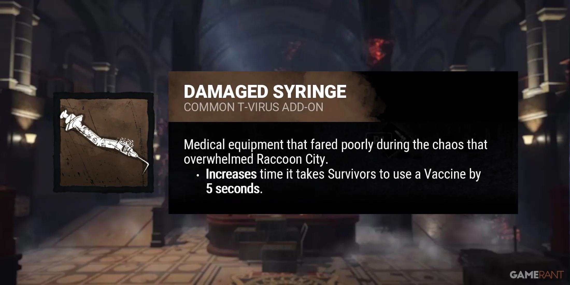 Phụ kiện Damaged Syringe của Nemesis trong Dead by Daylight, một lựa chọn cơ bản nhưng hiệu quả để làm chậm Survivor.