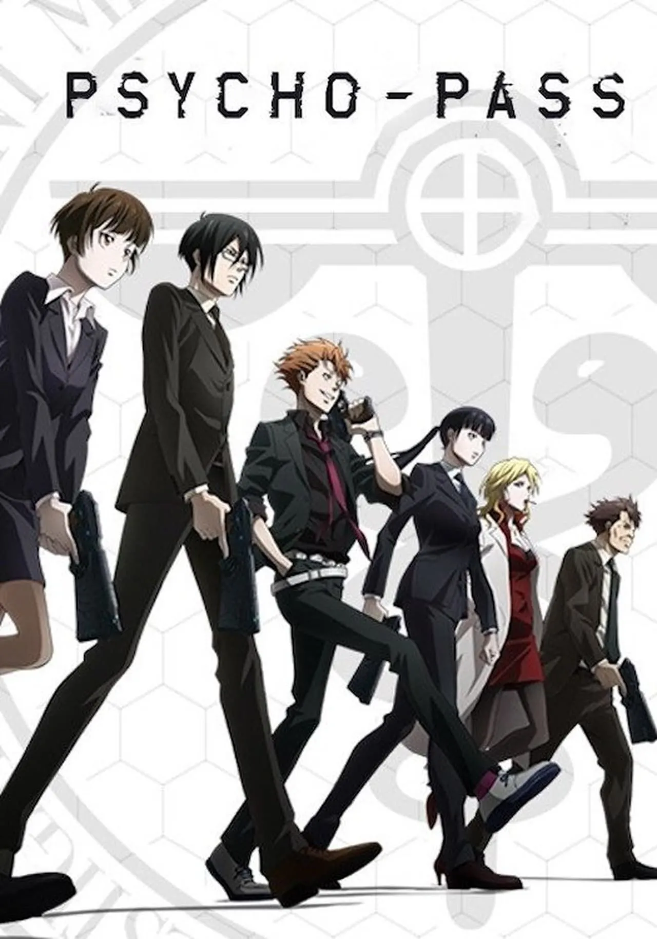 Poster anime Psycho-Pass, minh họa hệ thống Sibyl và các Giám sát viên, đại diện cho thể loại cyberpunk trinh thám.