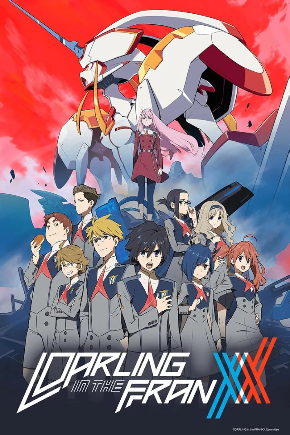 Poster Darling In The Franxx, thể hiện sự kết nối giữa hai nhân vật chính Zero Two và Hiro, biểu tượng của thể loại mecha.
