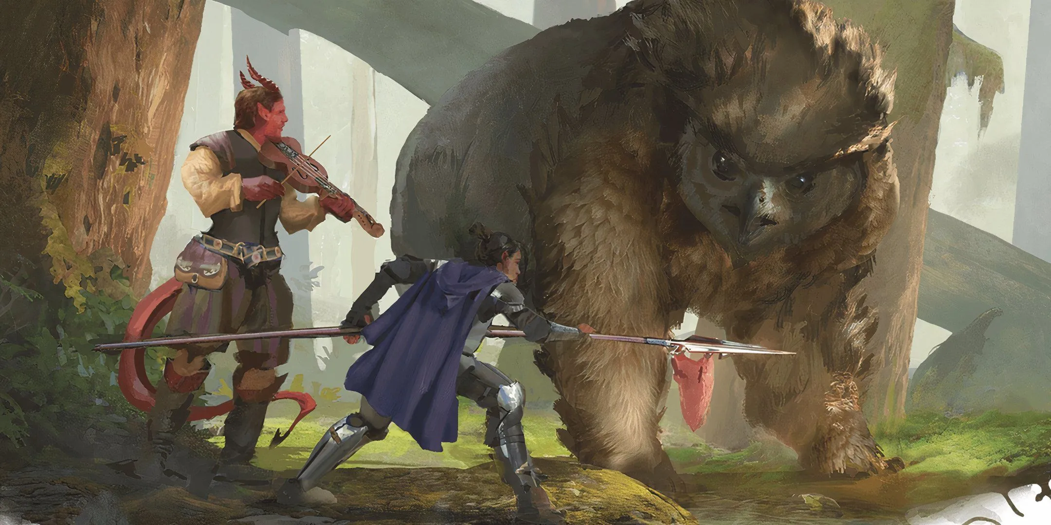 Quái vật Owlbear giao tiếp với hai nhà thám hiểm trong Dungeons & Dragons.