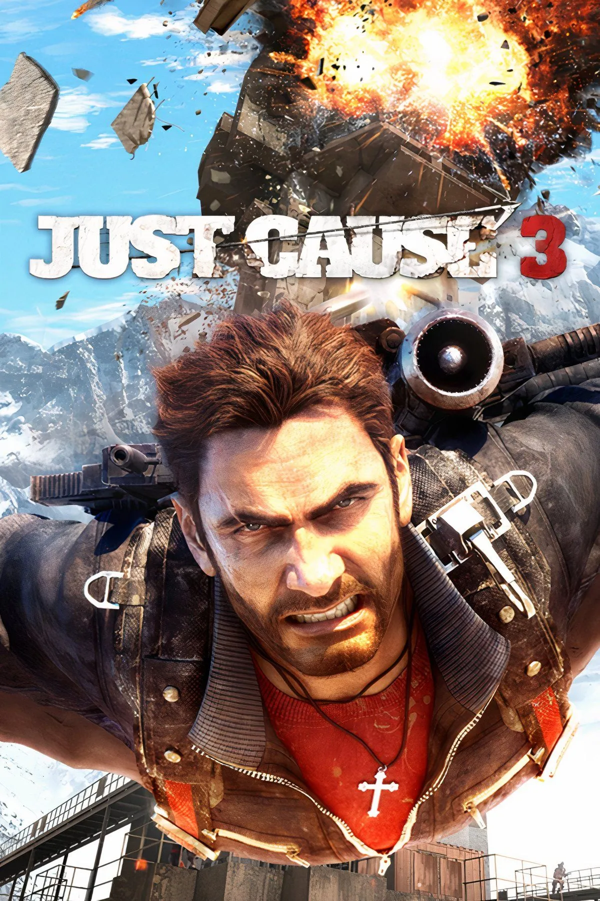 Rico Rodriguez, nhân vật chính của Just Cause 3, thực hiện pha hành động đầy bùng nổ giữa khung cảnh hỗn loạn, thể hiện lối chơi không cần suy nghĩ.
