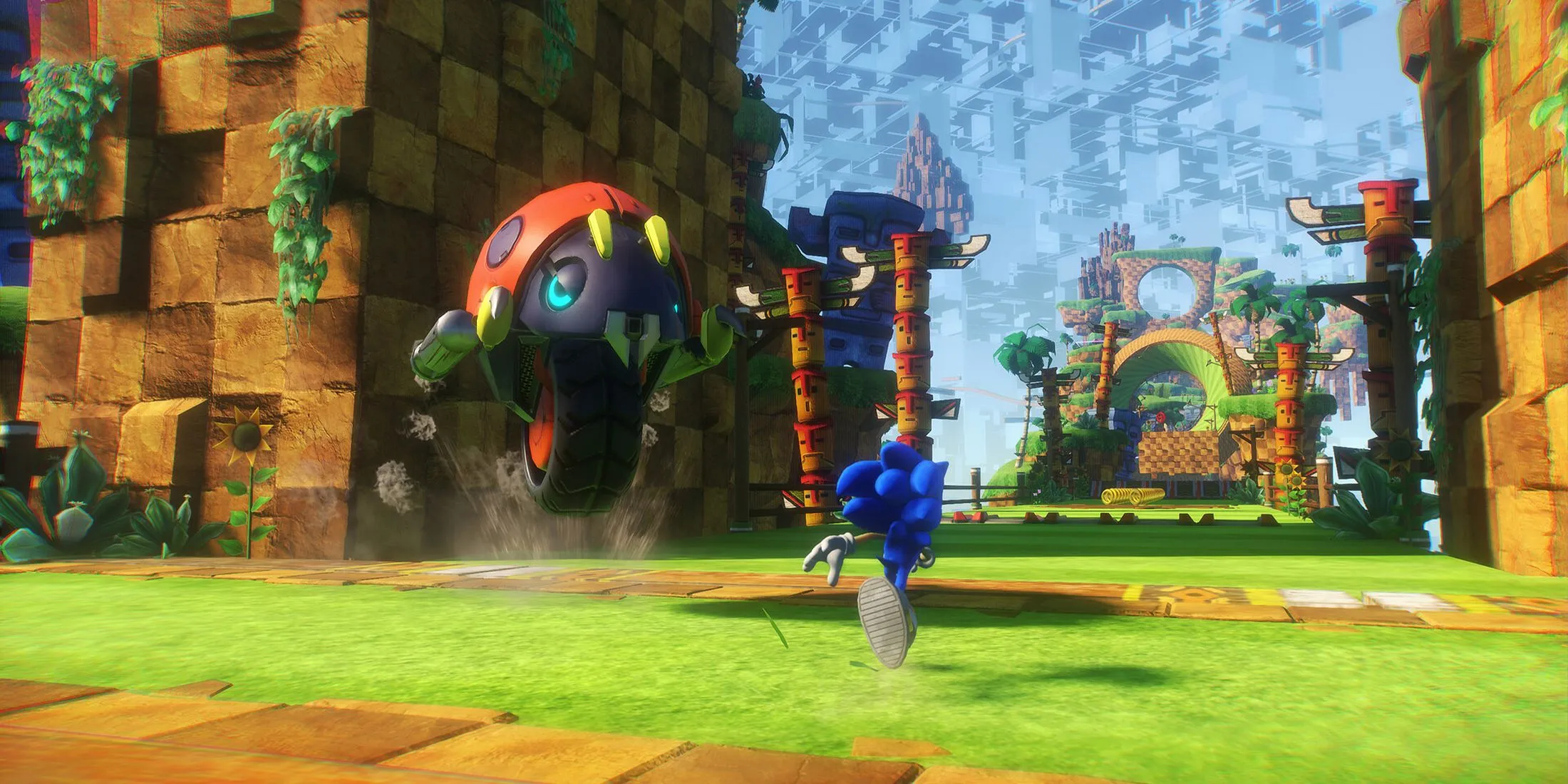 Sonic lướt qua kẻ thù khổng lồ trong Sonic Frontiers, thể hiện lối chơi tốc độ và né tránh