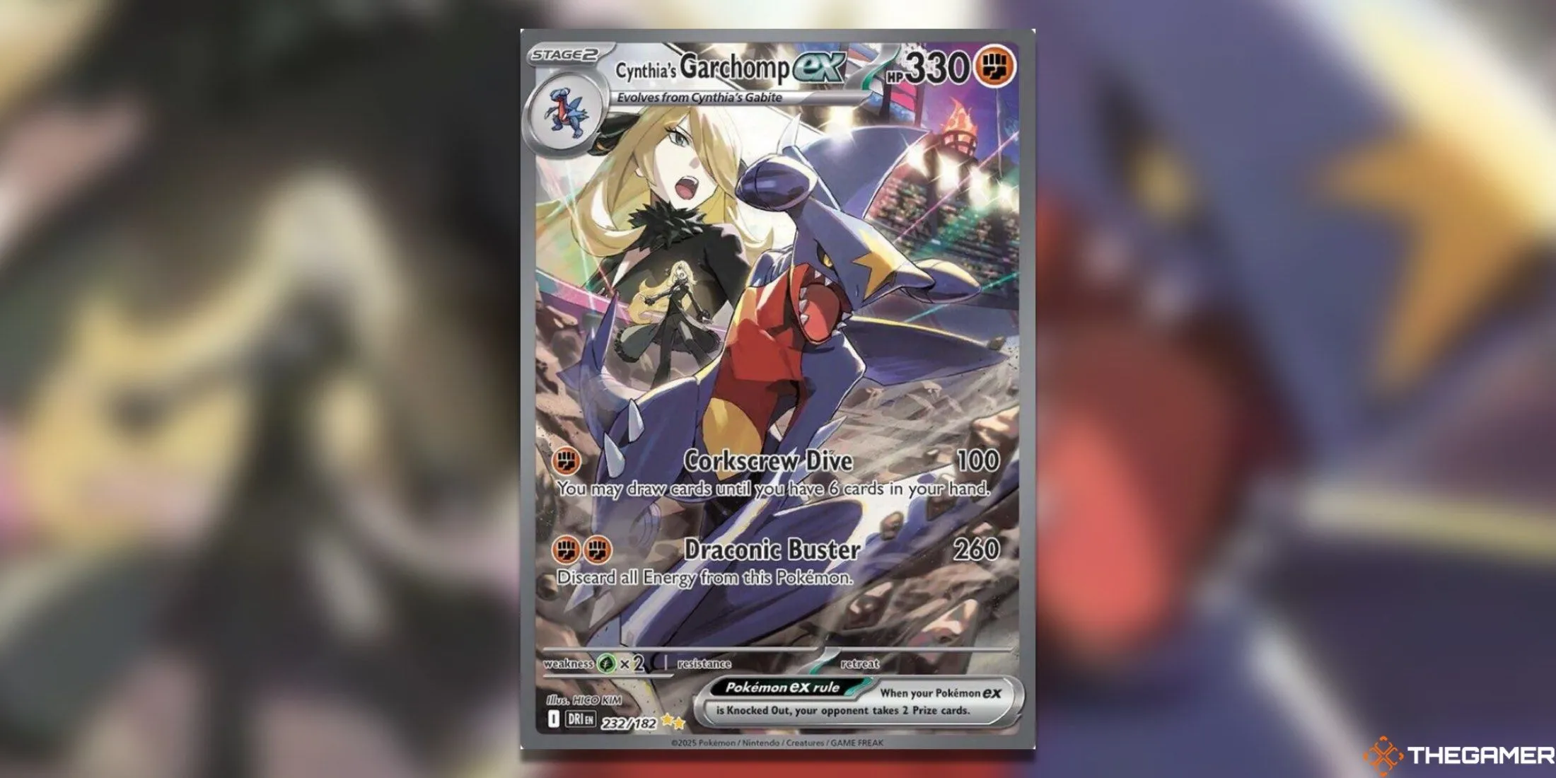 Thẻ bài Cynthia's Garchomp ex Special Illustration Rare thể hiện sức mạnh và tốc độ của Garchomp trong Pokemon TCG Destined Rivals.