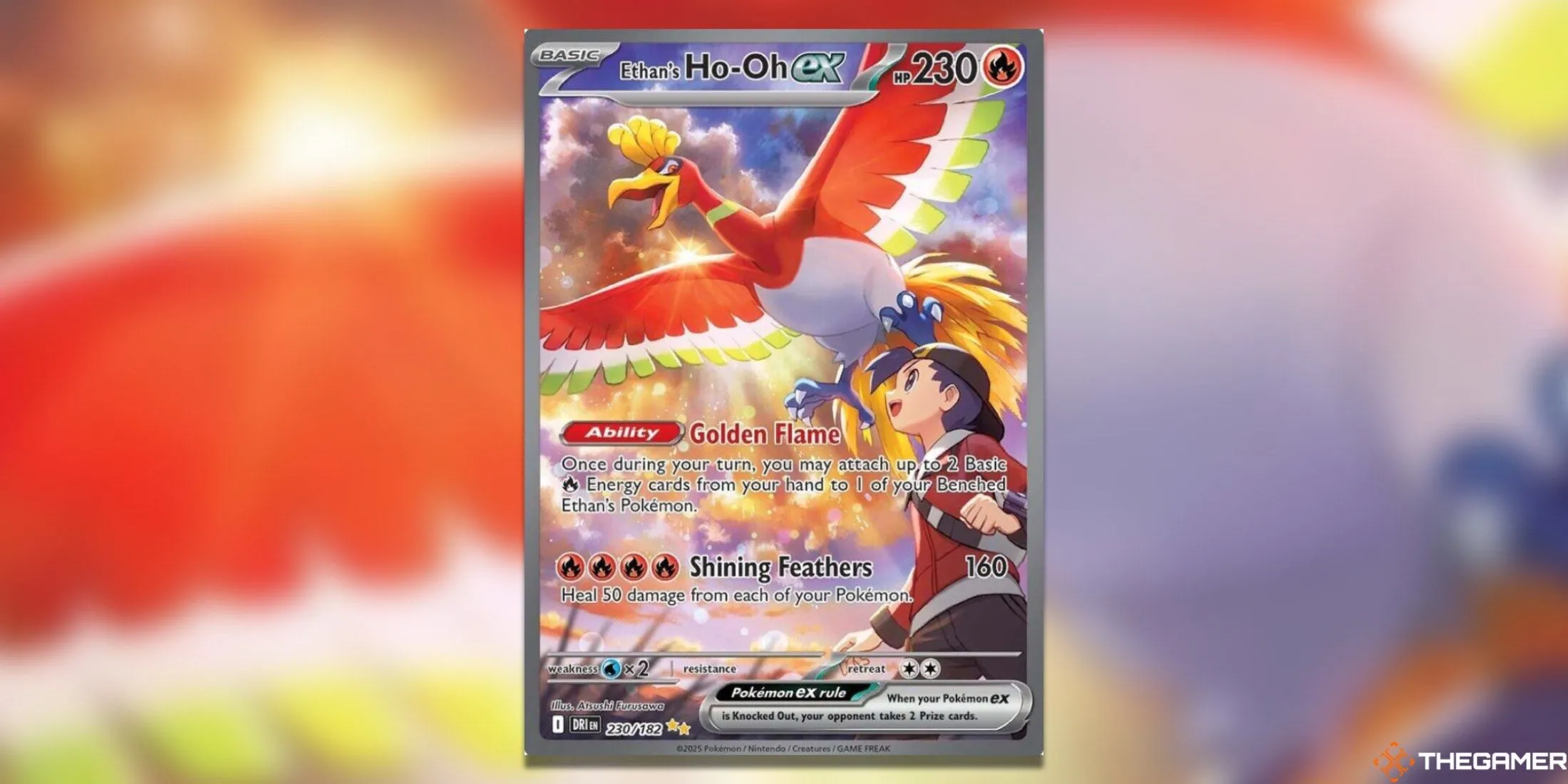 Thẻ bài Ethan's Ho-Oh ex Special Illustration Rare với cảnh bình minh rực rỡ trong Pokemon TCG Destined Rivals.