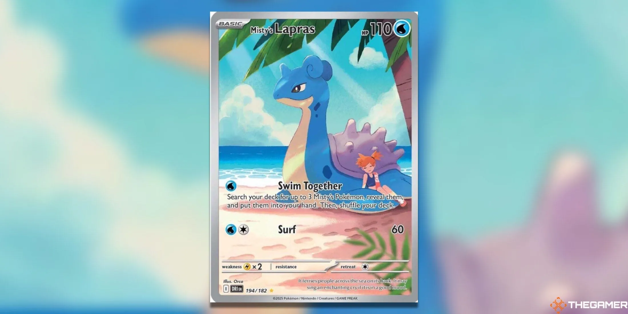 Thẻ bài Misty's Lapras Illustration Rare với khung cảnh biển xanh tươi sáng trong Pokemon TCG Destined Rivals.