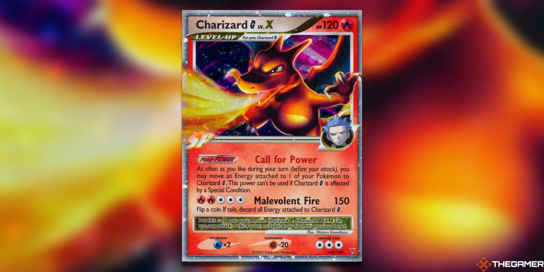 Thẻ bài Pokemon TCG Charizard G LV. X Ultra Rare từ set Supreme Victors với thiết kế rực lửa và Cyrus