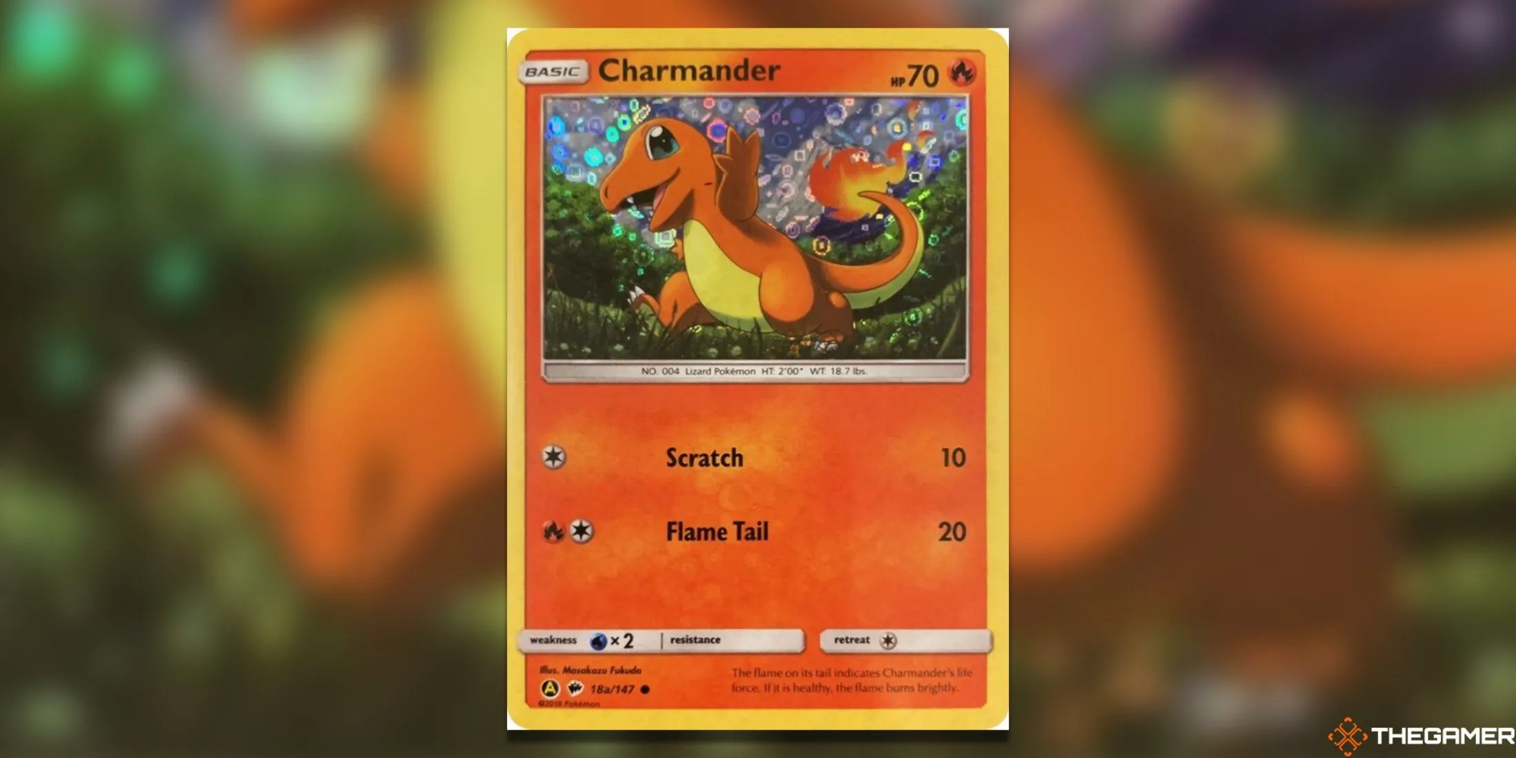 Thẻ bài Pokemon TCG Charmander 18a/147 General Mills, hiển thị Charmander với biểu cảm vui vẻ trên cánh đồng xanh, có hiệu ứng holographic.