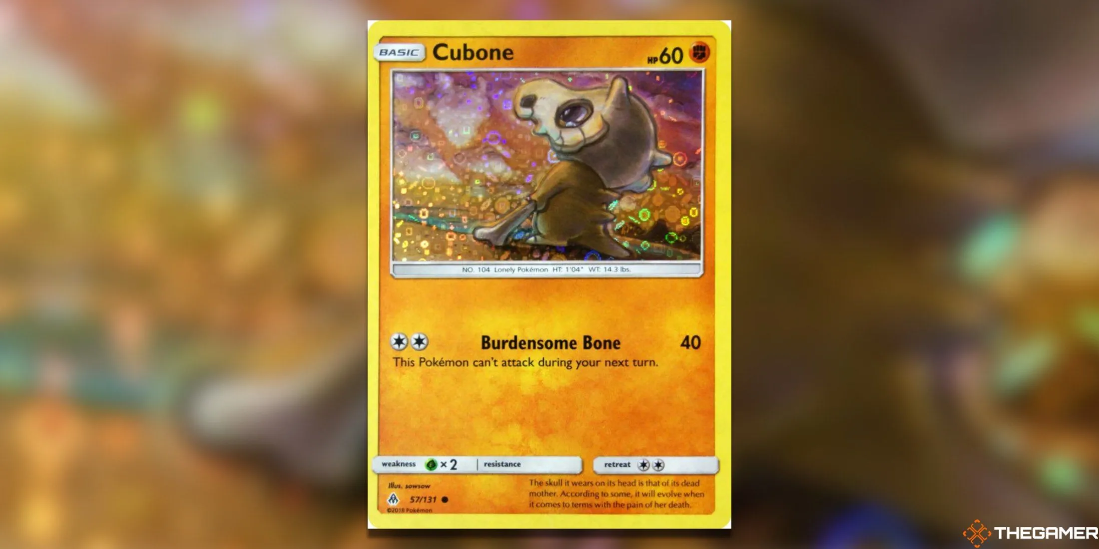 Thẻ bài Pokemon TCG Cubone 57/131 General Mills, miêu tả Cubone với cái nhìn sâu lắng vào khoảng không, thể hiện vẻ u sầu đặc trưng.