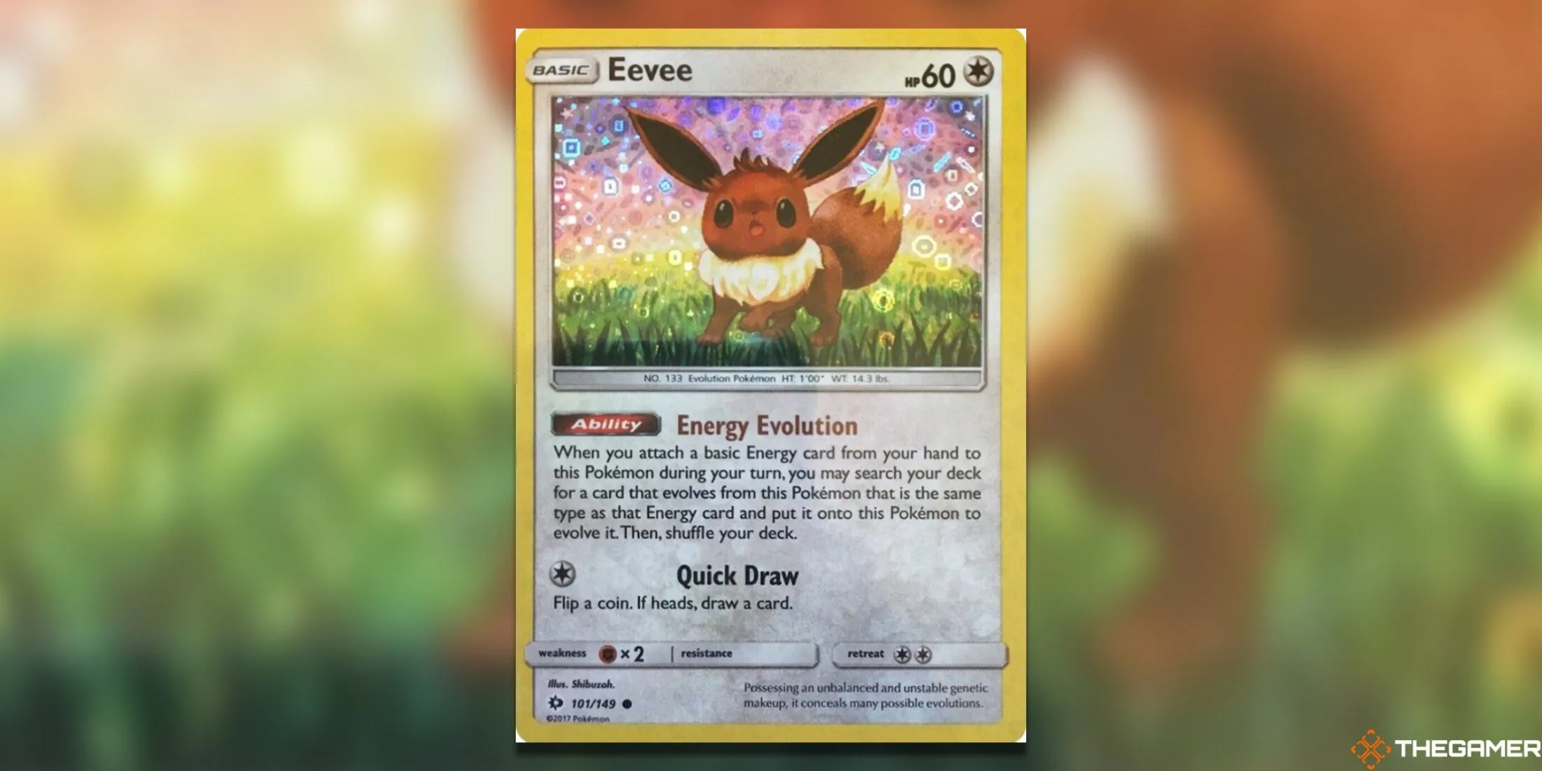 Thẻ bài Pokemon TCG Eevee 101/149 General Mills với hiệu ứng holo độc đáo ở bầu trời, thể hiện Eevee đang tạo dáng đáng yêu.