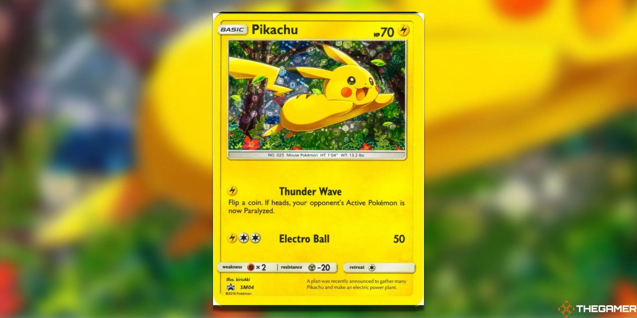 Thẻ bài Pokemon TCG Pikachu SM04 General Mills cho thấy Pikachu đang nhảy lên đầy hứng khởi, một lá bài mang lại cảm giác tích cực cho bộ sưu tập.